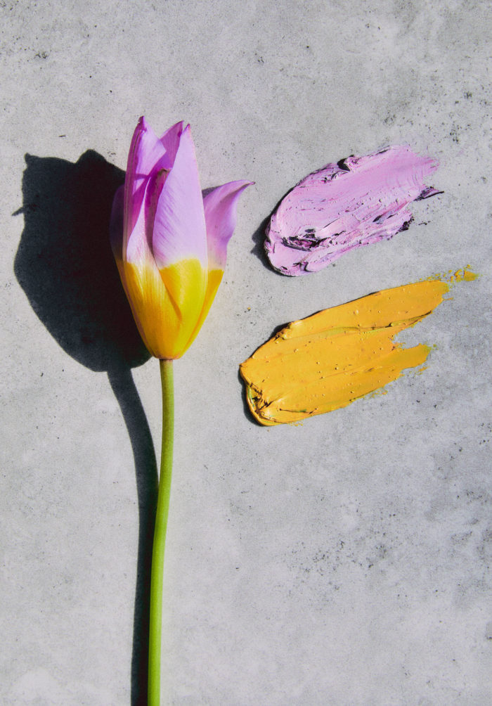 Product shoot with floral arrangement and makeup smear