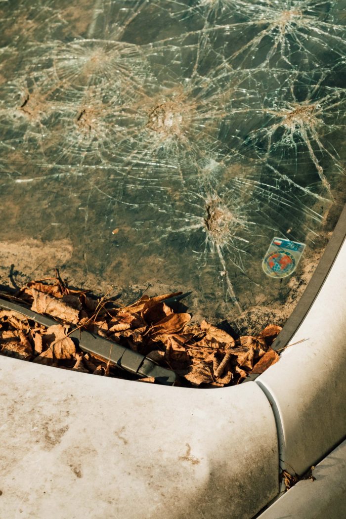 Travel photography in Uzhorrod, Ukraine, shattered windshield
